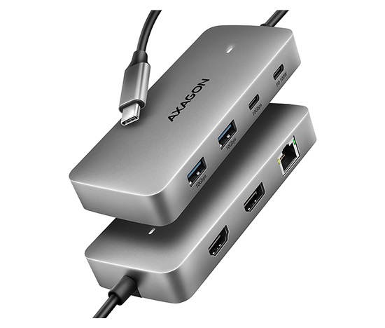 AXAGON HMC-CUB83X2, USB 10Gbps hub, 2x USB-A, USB-C, HDMI & DP 4k/144Hz, RJ-45 GLAN, PD 100W, kabel USB-C 15cm
