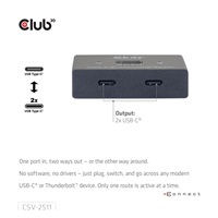 Club3D Switch, USB-C na 2xUSB-C Oboustranný 2v1, 8K60Hz, 4K120Hz, PD 100W