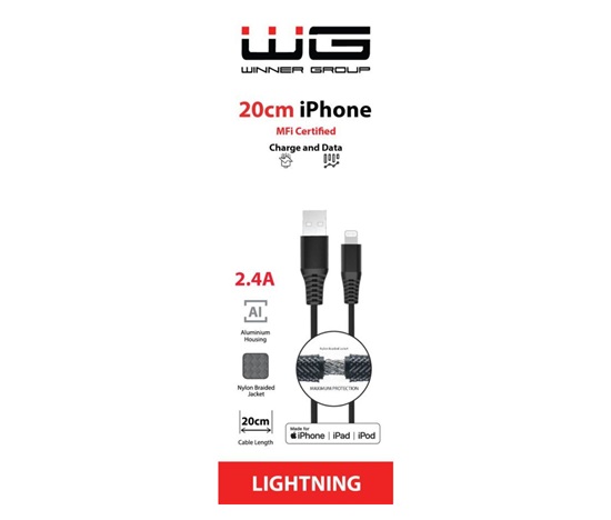WG - Datový kabel Lightning MFi na USB-A, 20 cm, 2.4A, černá