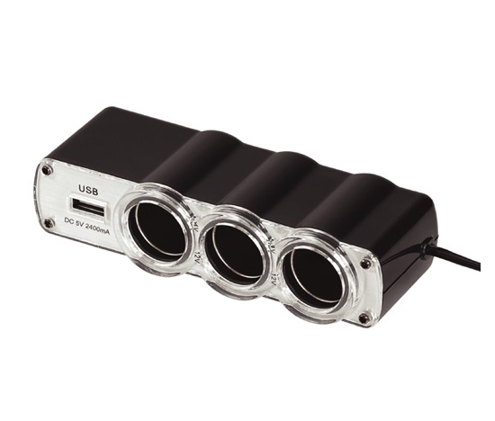 WG - Nabíječka do auta,  rozbočovač, 3x zásuvka zapalovače 12V + 1x USB-A, s prodloužením