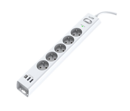 WG - Přepěťová ochrana 5 slotů + 2x USB-A + 1x USB-C, kabel 1,5 metru, bílá