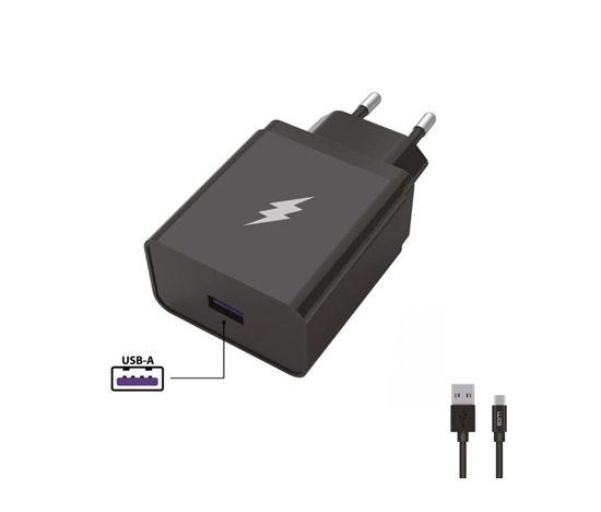 WG - Síťová nabíječka 1x USB-A 22,5W, SuperCharge, 5V-9V-12V, + kabel USB-A na Type-C (5A), černá