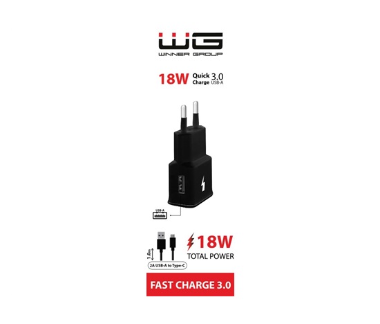 WG - Síťová nabíječka 1x USB-A, Quick Charge 3.0, 5V-9V-12V, + kabel USB-A na Type-C, černá