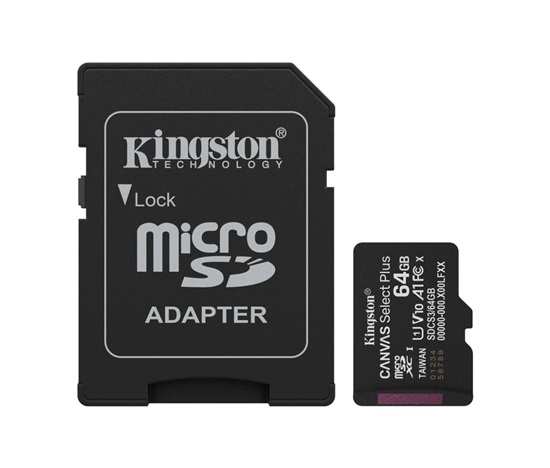 Kingston MicroSDXC karta 64GB Canvas Select Plus, U1, V10, A1, SD Adaptér