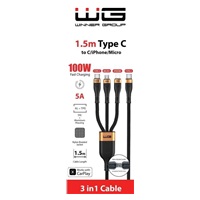WG - Datový kabel 3v1 Type-C na Type-C na Lightning na Micro USB, 1,5 metrů, 5A, 100W, černá