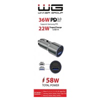 WG - Nabíječka do auta 2x USB 58,5W , 1x USB-C PD 36W + 1x USB-A 22.5W, stříbrná