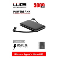 WG - Power Bank 5000 mAh, kabel Micro USB + Type-C + adaptér Lightning, černá