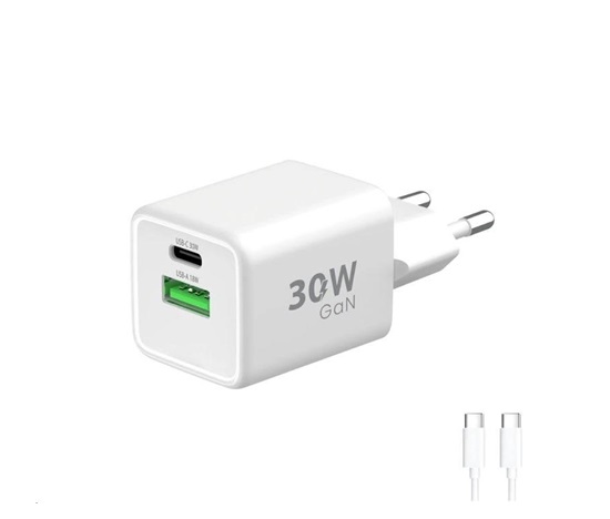 WG - Síťová nabíječka GaN 2x USB 30W, 1x USB-C PD3.0 PPS QC4 30W + USB-A 18W, kabel Type-C na Type-C, bílá