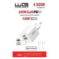 WG - Síťová nabíječka GaN 2x USB 30W, 1x USB-C PD3.0 PPS QC4 30W + USB-A 18W, kabel Type-C na Type-C, bílá