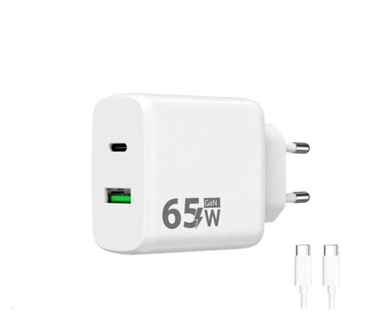 WG - Síťová nabíječka GaN 2x USB 65W, 1x USB-C PD 65W + 1x USB-A QC 3.0 18W, kabel Type-C na Type-C, bílá