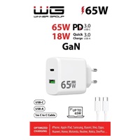 WG - Síťová nabíječka GaN 2x USB 65W, 1x USB-C PD 65W + 1x USB-A QC 3.0 18W, kabel Type-C na Type-C, bílá