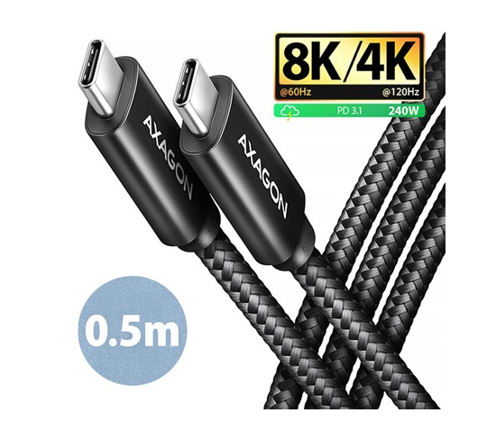 AXAGON BUCM4X-CM05AB NewGEN+ kabel USB-C <-> USB-C, 0.5m, USB4 Gen 3×2, PD 240W 5A, 8K HD, ALU, oplet, černý