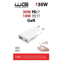 WG - Síťová nabíječka GaN 2x USB, 1x USB-C 30W + 1x USB-A 18W, white, Ultra Slim