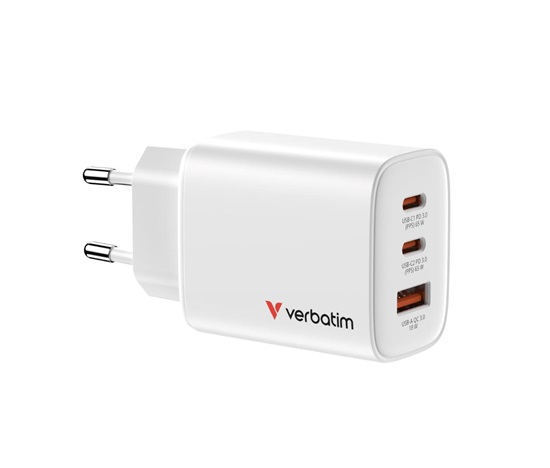 VERBATIM GaN Nabíječka Essentials 65W, 2xUSB-C, 1xUSB-A, bílá