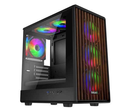 EVOLVEO Panthera, skříň mATX, 6x ARGB ventilátor 120mm, dřevěný přední panel + skleněná bočnice