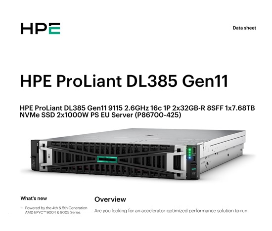 HPE PL DL385g11 AMD EPYC 9115 (2.6/16C) 2x32G (P64985) 1x7.68TB NVMe MR408i-o 2x1000W 8SFF 2p10GT Smart Choice