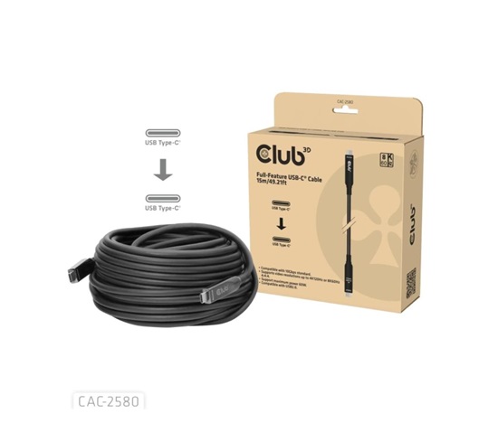 Club3D Kabel USB-C, 10 Gbps, 4K120Hz, 8K60Hz, 60W, Bi-directional, 15m, černá