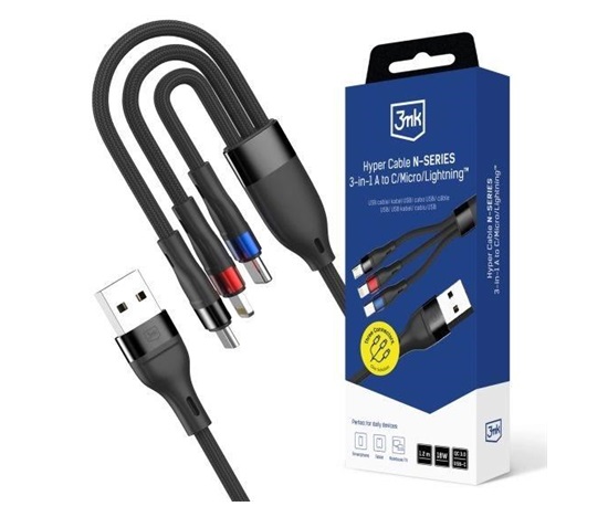 3mk Hyper Cable N-SERIES A to C/Lightning/Micro 1.2m 9V/2A 18W QC3.0 Black