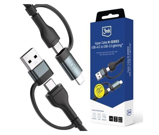 3mk Hyper kabel N-SERIES 2 in 2 A/C - C/Lightning 1.2m 9V/2A 60W černý