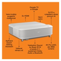 Epson Lifestudio Grand – EH-LS670W diamantová bílá, 4K PRO-UHD, 3600lm, HDMI, USB, Google TV, 240Hz