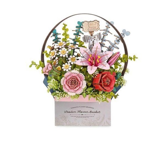 RoboTime 3D dřevěná skládačka Košík s květinami