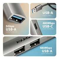 AXAGON HUE-STA, 4x USB ALU STRIP hub, 1x USB-A 5Gbps, 2x USB-A & 1x USB-C 480Mbps, kabel USB-A 12cm