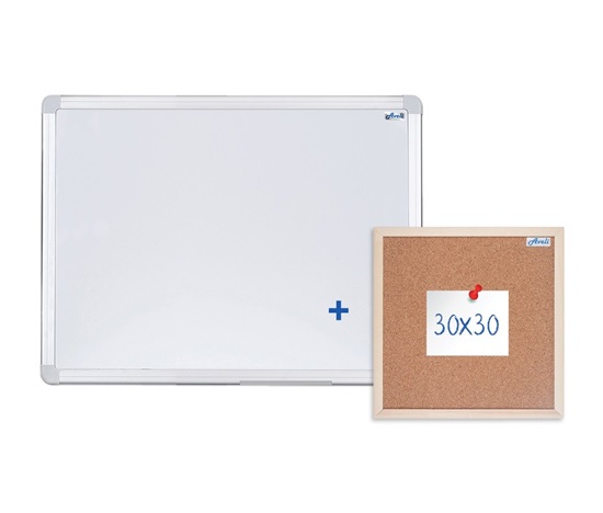 BAZAR - Magnetická tabule AVELI 60x45 cm, hliníkový rám+korková nástěnka 30x30 cm - POŠKOZENÝ OBAL
