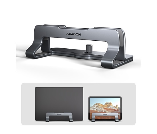 AXAGON STND-VG, vertikální hliníkový stojan pro notebooky 10"-17.3, nastavitelný rozestup, šedý