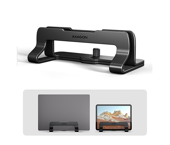AXAGON STND-VB, vertikální hliníkový stojan pro notebooky 10"-17.3, nastavitelný rozestup, černý