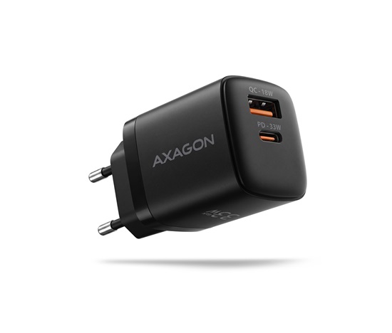AXAGON ACU-PQ33, GaN nabíječka do sítě 33W, USB-A + USB-C, PD3.0/PPS/QC4+/SFC2.0/Apple, černá