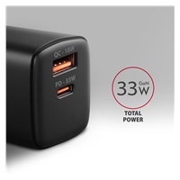 AXAGON ACU-PQ33, GaN nabíječka do sítě 33W, USB-A + USB-C, PD3.0/PPS/QC4+/SFC2.0/Apple, černá