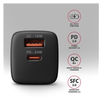 AXAGON ACU-PQ33, GaN nabíječka do sítě 33W, USB-A + USB-C, PD3.0/PPS/QC4+/SFC2.0/Apple, černá