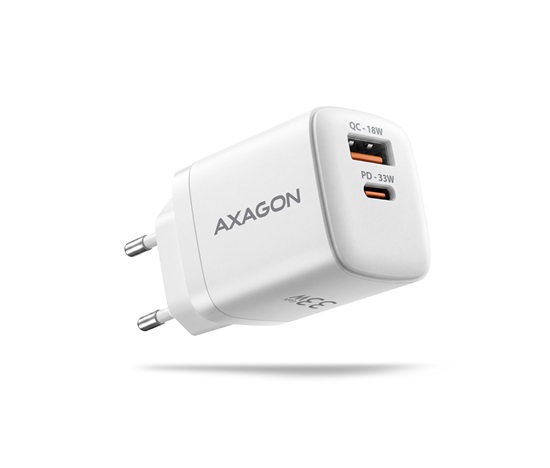 AXAGON ACU-PQ33W, GaN nabíječka do sítě 33W, USB-A + USB-C, PD3.0/PPS/QC4+/SFC2.0/Apple, bílá