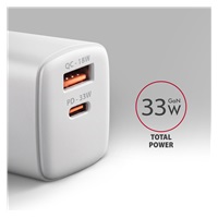 AXAGON ACU-PQ33W, GaN nabíječka do sítě 33W, USB-A + USB-C, PD3.0/PPS/QC4+/SFC2.0/Apple, bílá