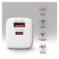 AXAGON ACU-PQ33W, GaN nabíječka do sítě 33W, USB-A + USB-C, PD3.0/PPS/QC4+/SFC2.0/Apple, bílá