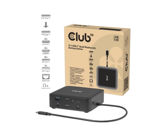 Club3D Dokovací stanice USB-C 12v1, 2xHDMI, 2xDP, 2xUSB-C, 1xUSB-C PD, 3xUSB, 1xRJ45, 1x3.5mm, černá