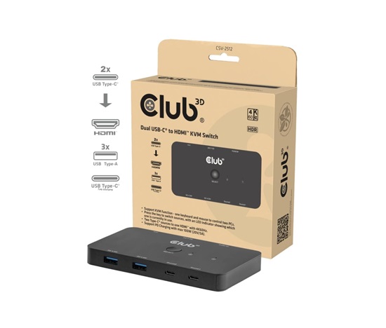Club3D KVM Switch, 2xUSB-C na HDMI, 4K60Hz, PD 100W