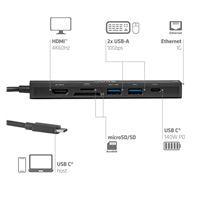 Club3D hub USB-C, 7-in-1 hub s 2x USB, 1xHDMI, 1xUSB-C PD, RJ45, microSD/SD, 140W, 4K60Hz, 1m kabel