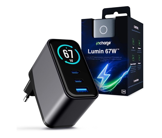 3mk napájecí adaptér InCharge Lumin PD 67W QC4+ PPS AFC FCP SCP 1A2C TFT Display Black/Grey