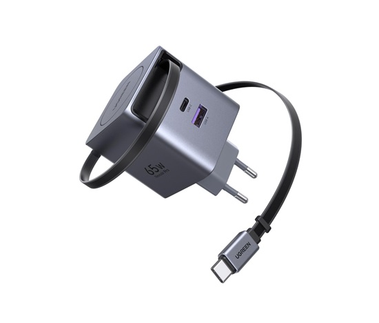 UGREEN síťová rychlonabíječka se zatahovacím kabelem 65W 3-Port, 2x USB-C, 1x USB-A