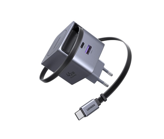 UGREEN síťová rychlonabíječka se zatahovacím kabelem 45W 3-Port, 2x USB-C, 1x USB-A