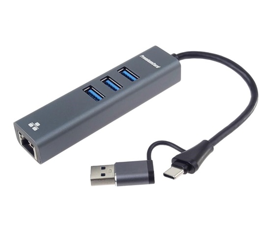 PremiumCord Adaptér USB-C a USB-A na Gigabit 10/100/1000Mbps + 3x USB 3.2 konektor