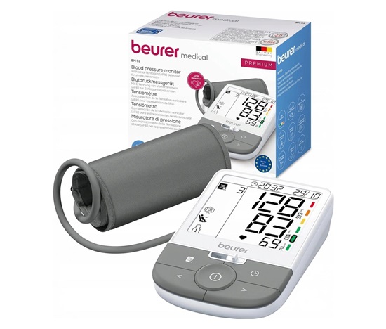 Beurer BM 53 pažní tlakoměr, detekce arytmie, paměť 2x 100 měření, univerzální manžeta 22–42 cm, podsvícený LCD displej