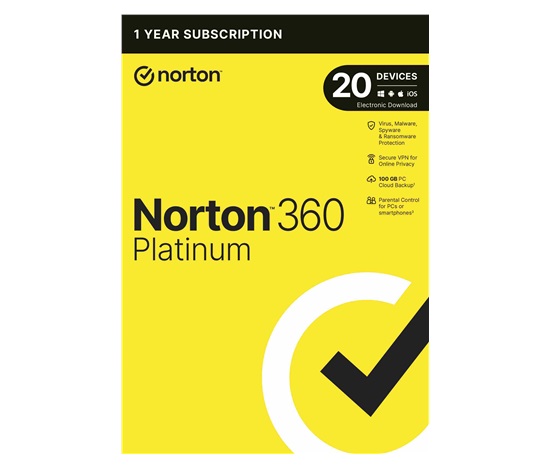 1+1 s 50% slevou NORTON 360 PLATINUM 100GB +VPN 1 uživatel pro 20 zařízení na 1 rok ESD