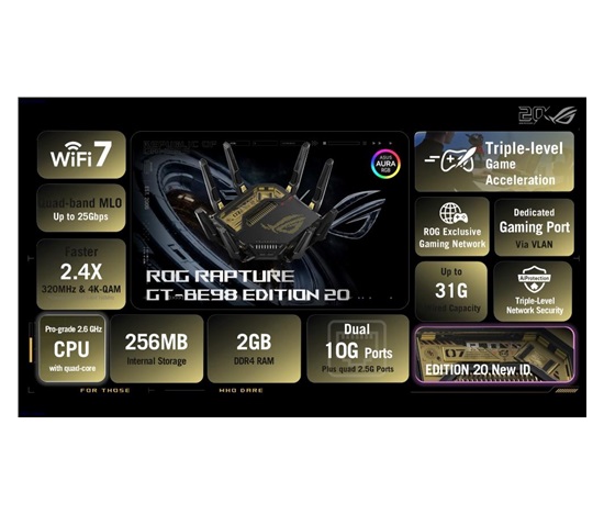 ASUS ROG Rapture GT-BE98 EDITION 20 Gaming Router, WiFi 7, Dual 10G Ports, AURA RGB, AiMesh