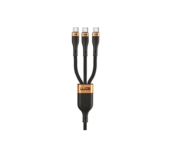 WG - Datový kabel 3v1 Type-C na 3x Type-C, 1,2 metru, 100 W + 15 W + 15 W, černá