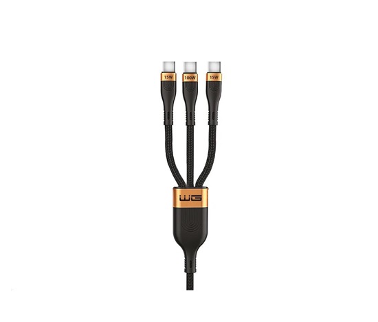 WG - Datový kabel 3v1 Type-C na 3x Type-C, 90 cm, 100 W + 15 W + 15 W, černá