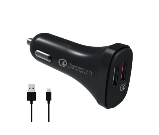 WG - Autonabíječka 2x USB-A, Quick Charge 3.0 5,4 A, + kabel USB-A na Lightning, černá