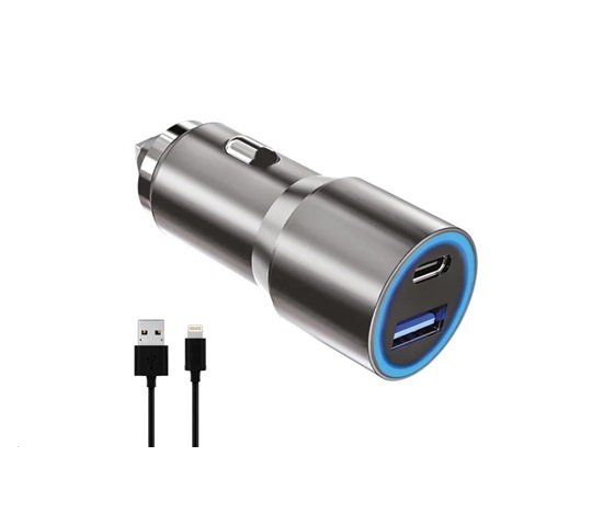 WG - Autonabíječka 2x USB 38 W, 1x USB-A + 1x USB-C, + kabel USB-A na Lightning, stříbrá