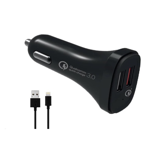 WG - Autonabíječka 2x USB, Quick Charge 3.0 5,4 A, + kabel USB-A na Lightning MFI, černá